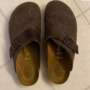 ISO Birkenstock Basel Brown Wool Clogs with Leather Strap 39